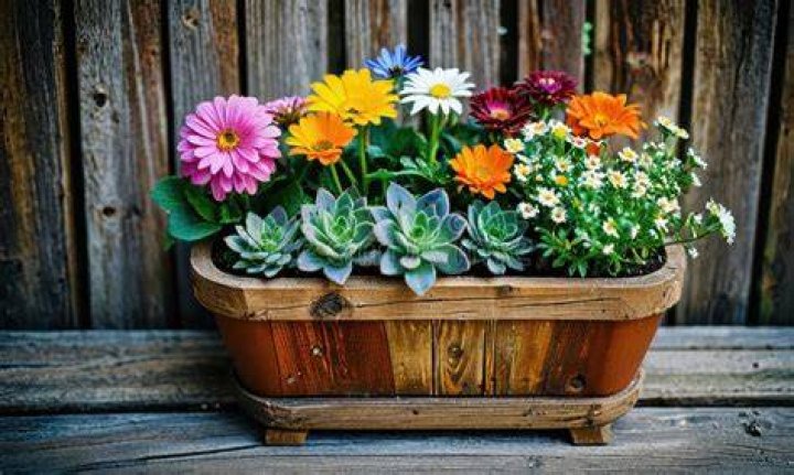 a wooden planter filled with lots of flowers