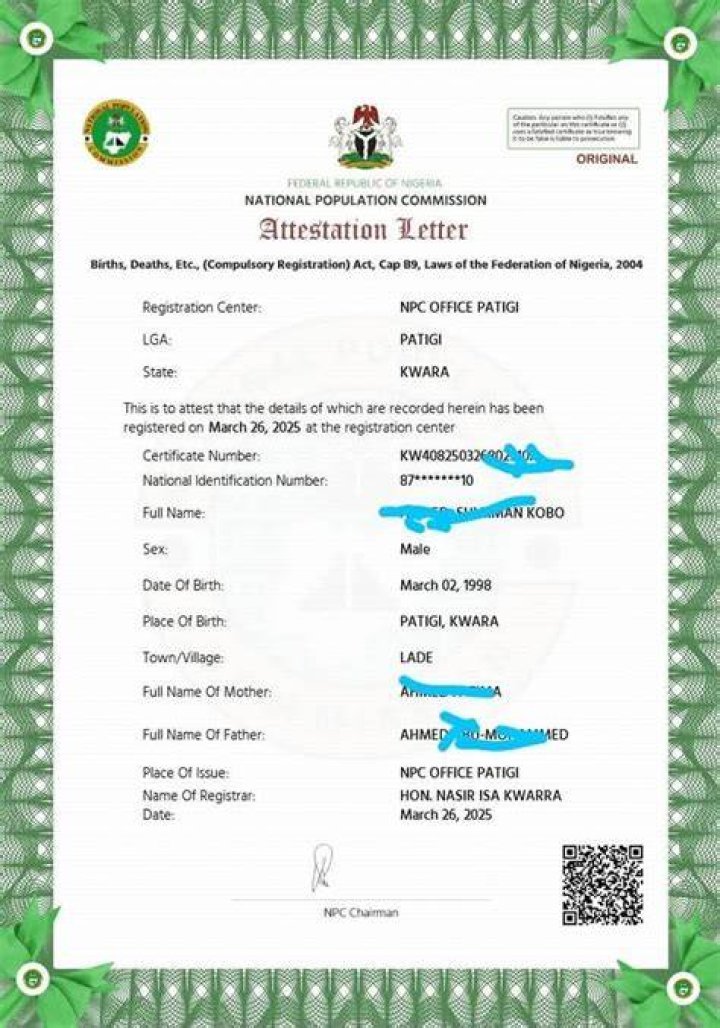 Birth attestation letter Nigeria Musterübersetzungen von Urkunden