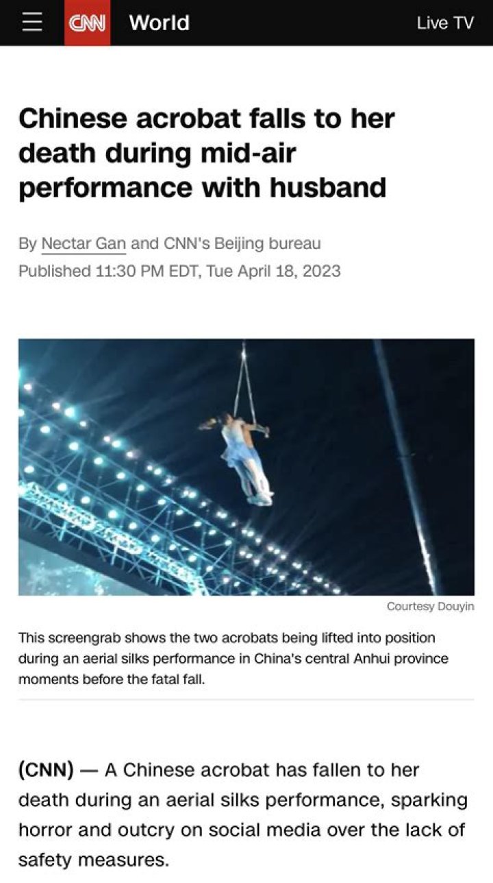 Chinese acrobat falls to her death during show with husband &bull; PhilSTAR Life