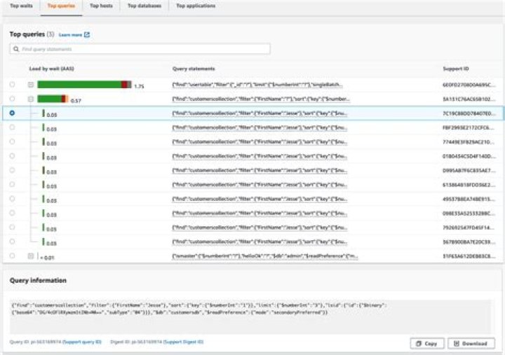 Ikhtisar tab Kueri teratas Amazon DocumentDB