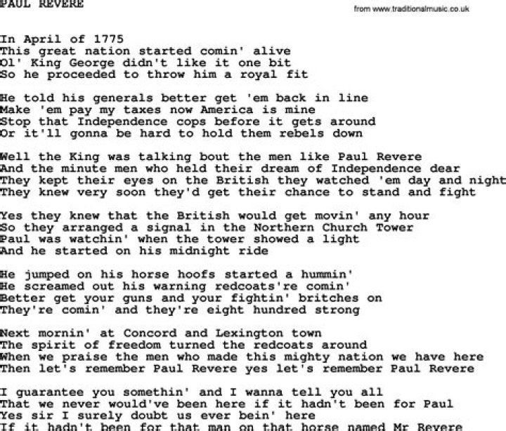 Johnny Cash song Paul Revere, lyrics