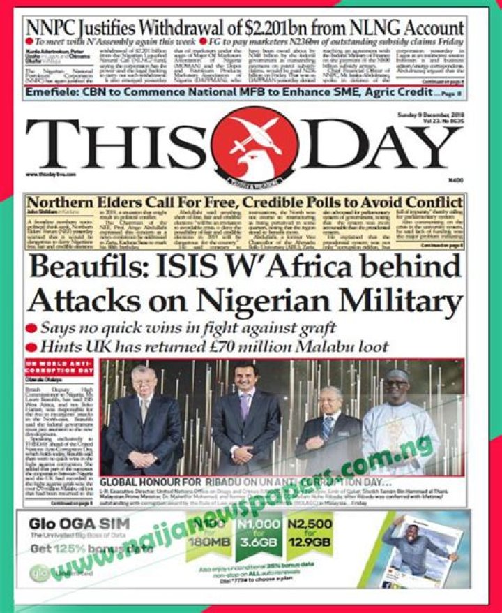 Nigerian Newspapers Front Page Headlines, Sunday 9th December 2018 Politics Nigeria