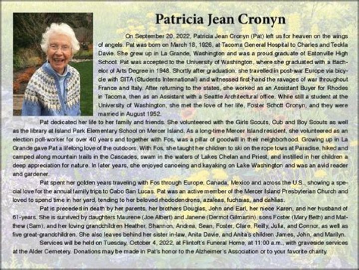 Patricia Jean Cronyn Obituary Mercer Island Reporter