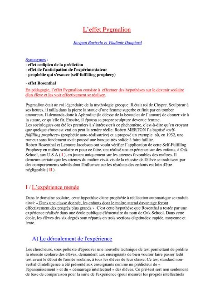 SOLUTION L effet pygmalion jacquot barivelo et vladimir daupiard